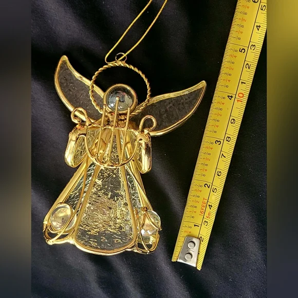 Stained Glass Style Angel Ornament, Gold-toned W/ Halo, Harp Music Instrument •° - Picture 2 of 2